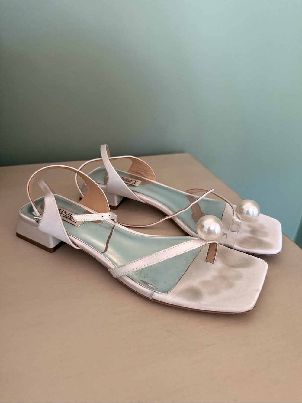 Badgley Mischka Lola Sandal Ivory Satin Low Heel with Pearl